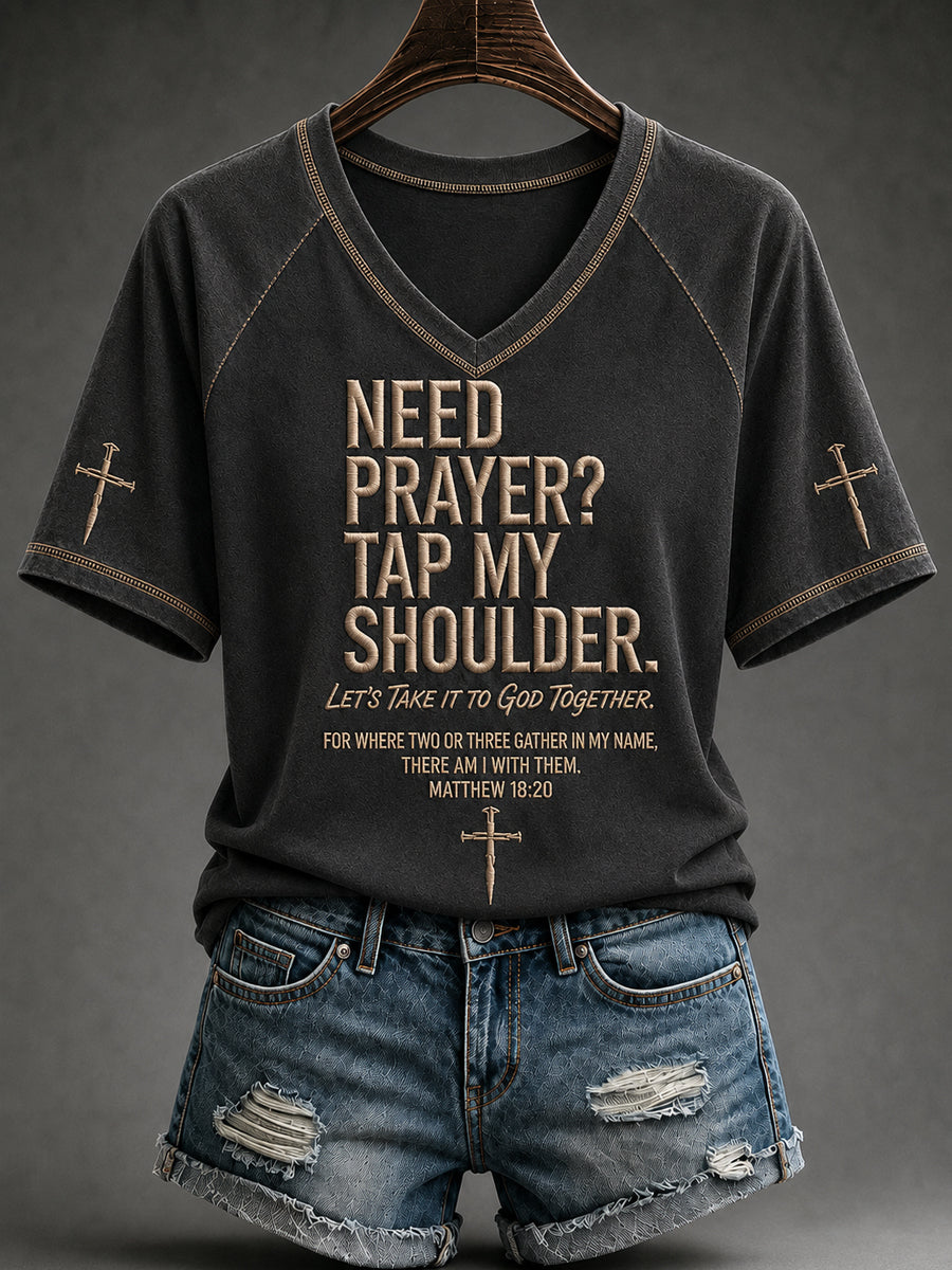 Women's Christian Need Prayer Tap My Shoulder V-neck Short Sleeve T-shirt
