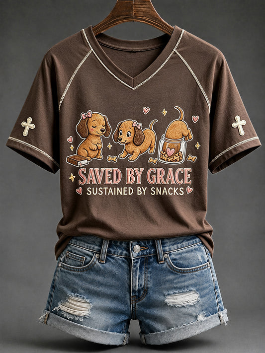 Women's Saved By Grace Sustained By Snacks Dachshund Print V-neck Short-sleeved T-shirt