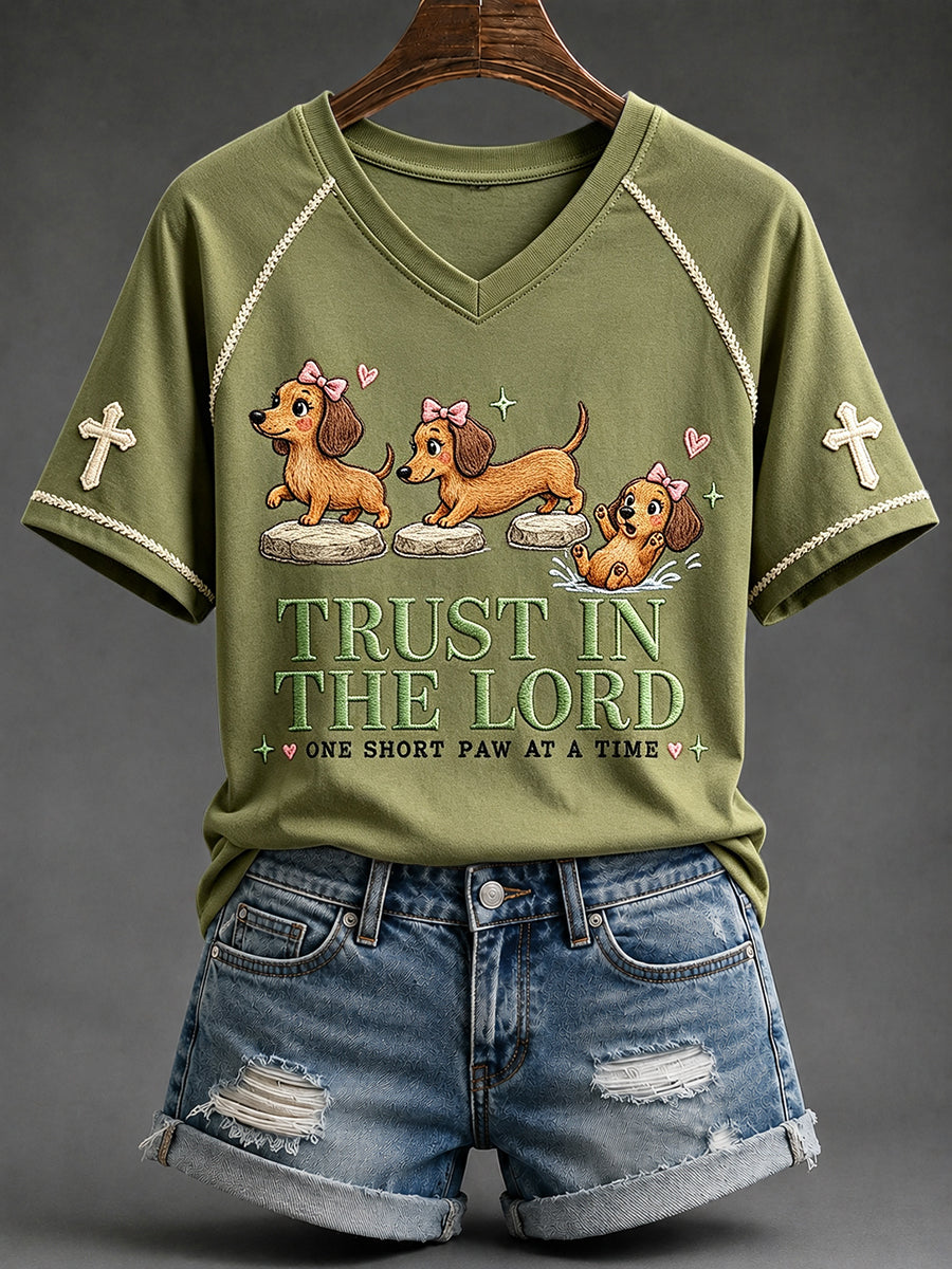 Women's Trust in the Lord Funny Christian Dachshund Print V-neck Short-sleeved T-shirt