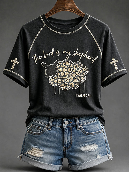 Women's The Lord Is My Shepherd Print Round Neck Short Sleeve T-shirt