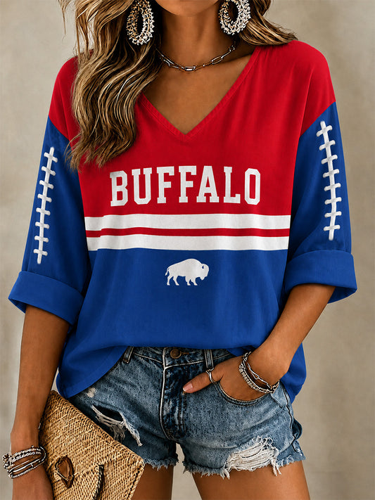 Women's Football Lover Buffalo Print V-Neck Tee