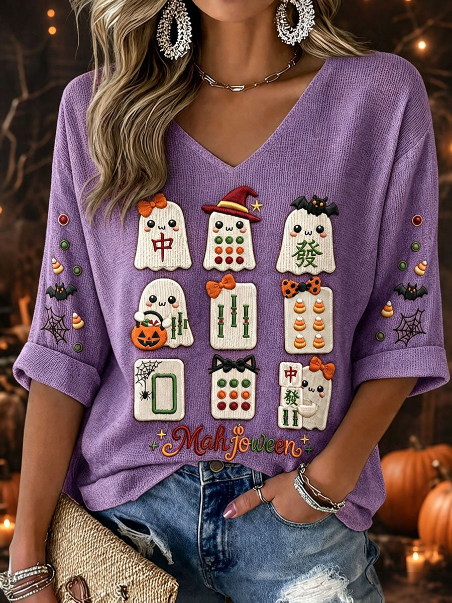 Women's Halloween Mahjong Waffle V-Neck T-Shirts