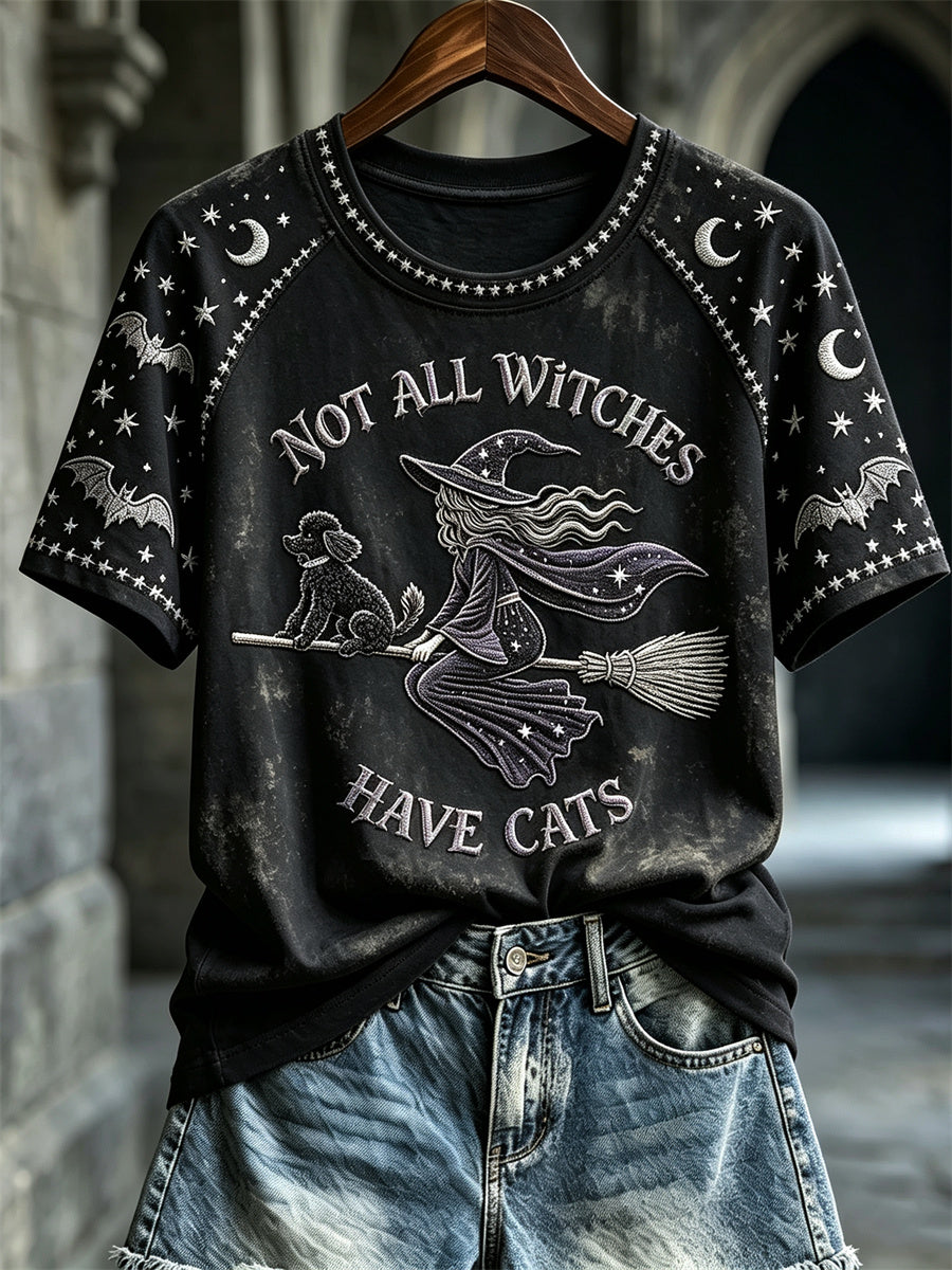 Women's Halloween Not All Witches Have Cats Witch & Poodle Dog Print short sleeve T-shirt