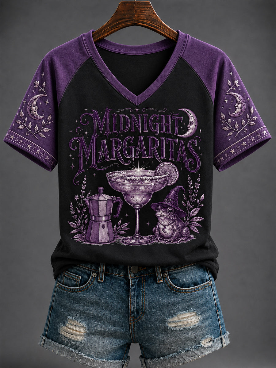 Women's Halloween “MIDNIGHT MARGARITAS” Printed V-neck T-shirt