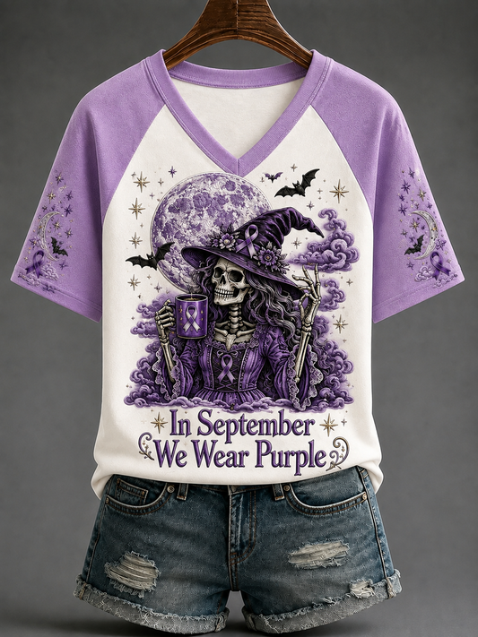 Women's In September We Wear Purple V-neck Off-shoulder Short-sleeved T-shirt
