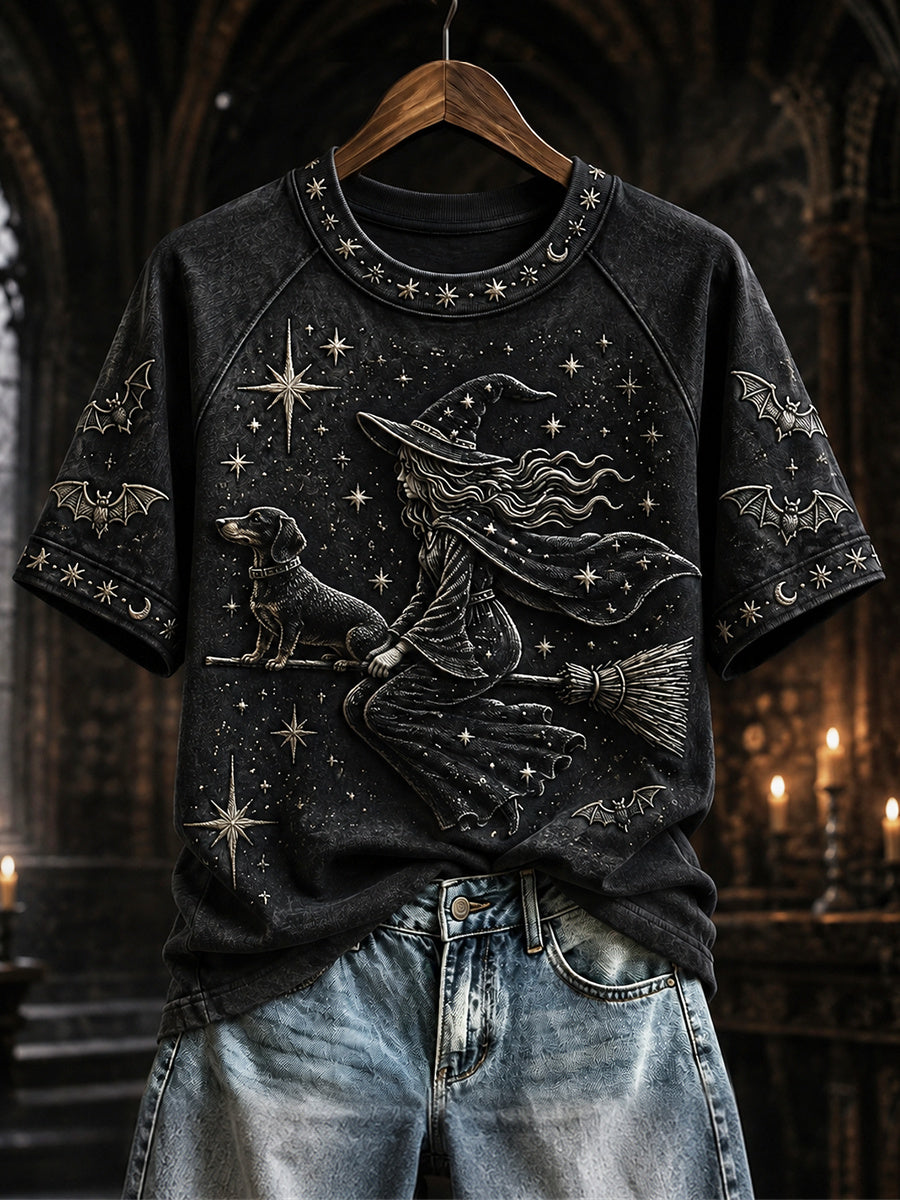 Women's Halloween Night Witch & Dachshund Dog Mystical Print short sleeve T-shirt