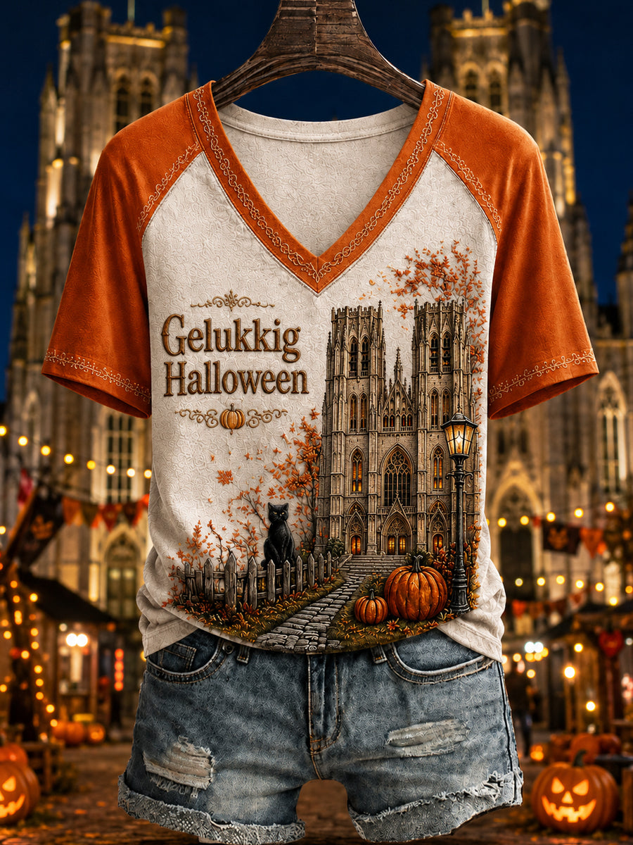 Women's Belgium Halloween Printed Vintage Fashion Loose Short Sleeve T-Shirt