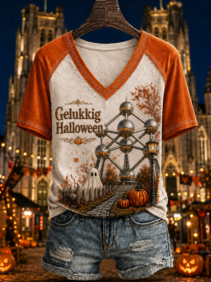 Women's Belgium Halloween Printed Vintage Fashion Loose Short Sleeve T-Shirt