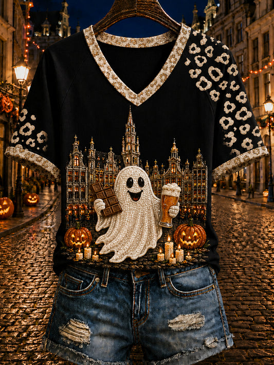 Women's Belgium Halloween Printed Vintage Fashion Loose Short Sleeve T-Shirt