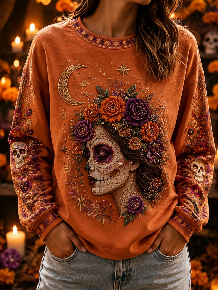 Women's Mexico Halloween Print Casual Crewneck Sweatshirt