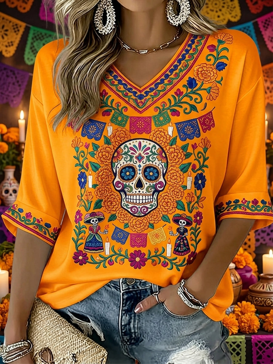 Women's  Day of the Dead Sugar Skull Mexican Floral Print Mid-length Sleeves V-Neck T-Shirt