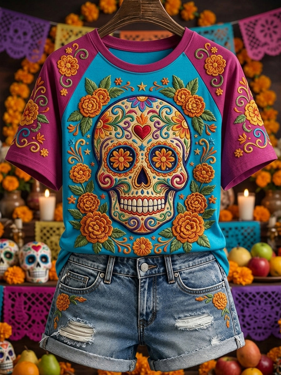 Women's Day of the Dead Sugar Skull Mexican Floral Print Short Sleeve T-shirt
