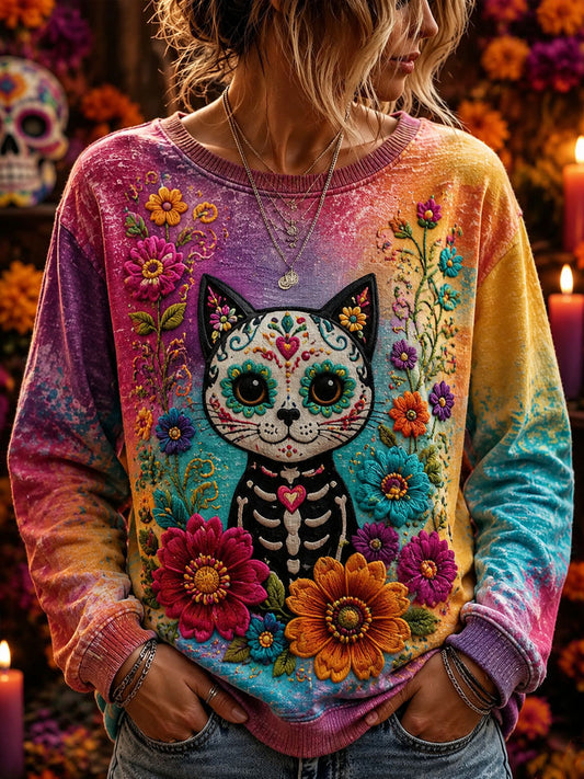 Women's Day of the Dead Sugar Skull Print Casual Sweatshirt