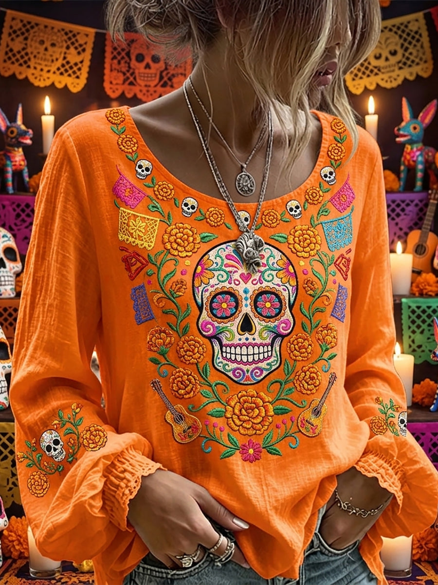 Women's Day of the Dead Sugar Skull Mexican Floral Print Cotton-Linen Shirt