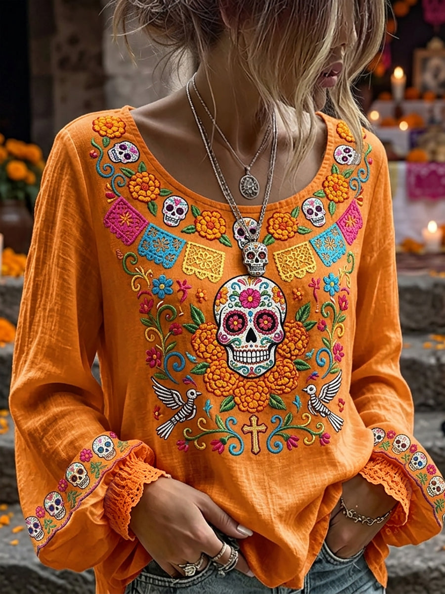 Women's Day of the Dead Sugar Skull Mexican Floral Print Cotton-Linen Shirt