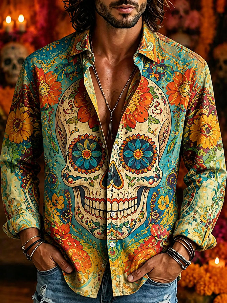 Men's Day of the Dead Skull Print Casual Shirt