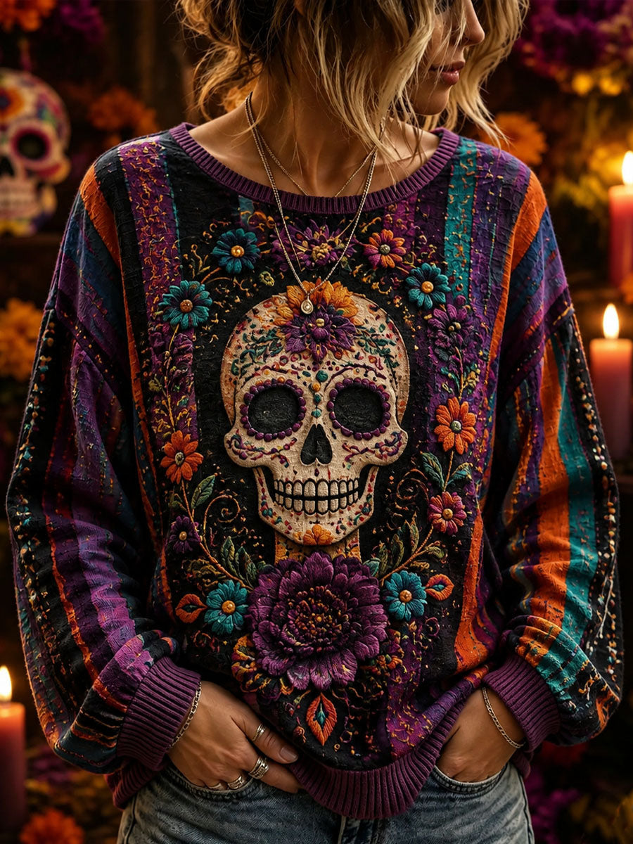 Women's Day of the Dead Sugar Skull Print Casual Sweatshirt