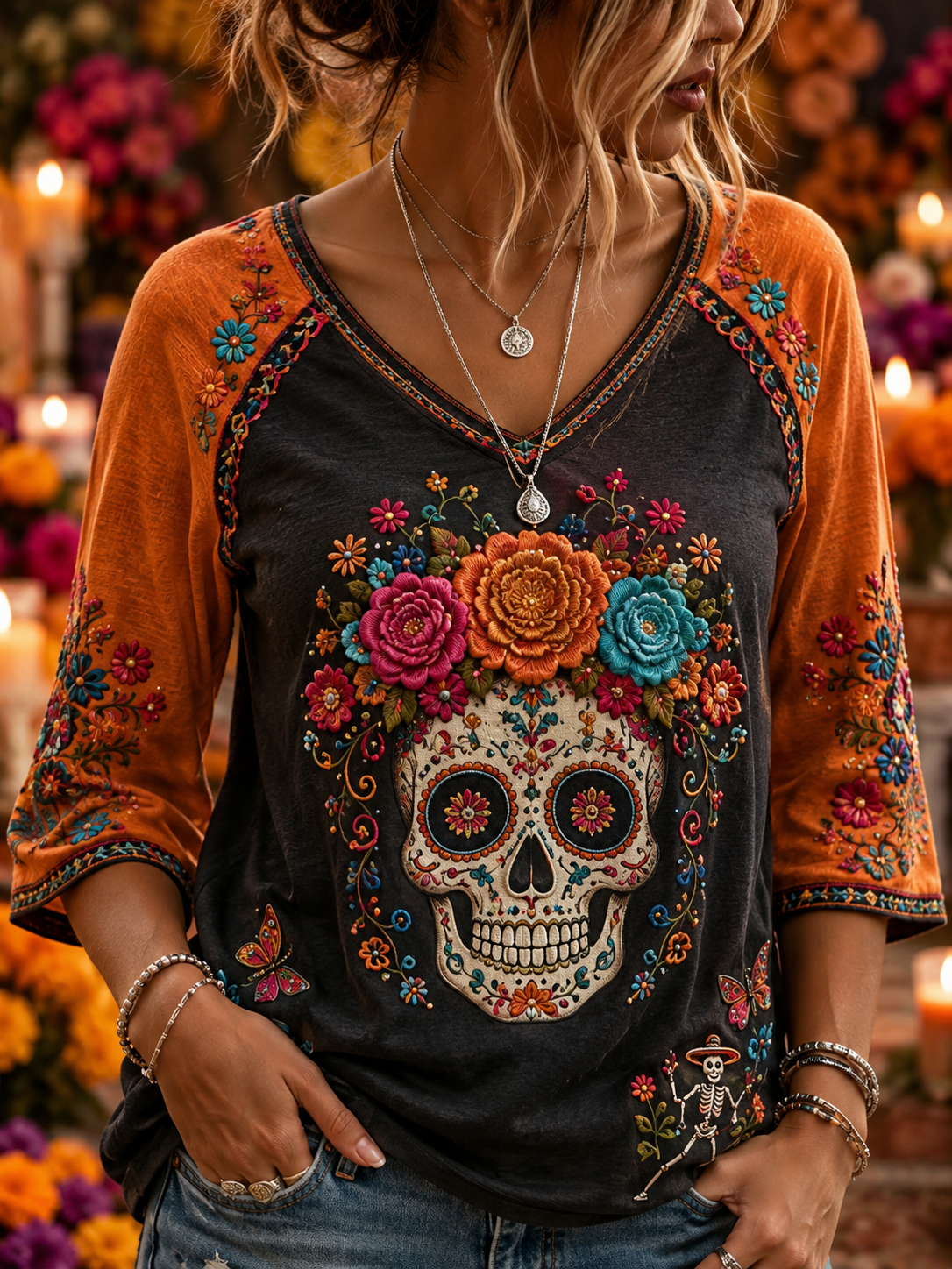Women's Day Of The Dead Linen Short-Sleeved T-Shirt