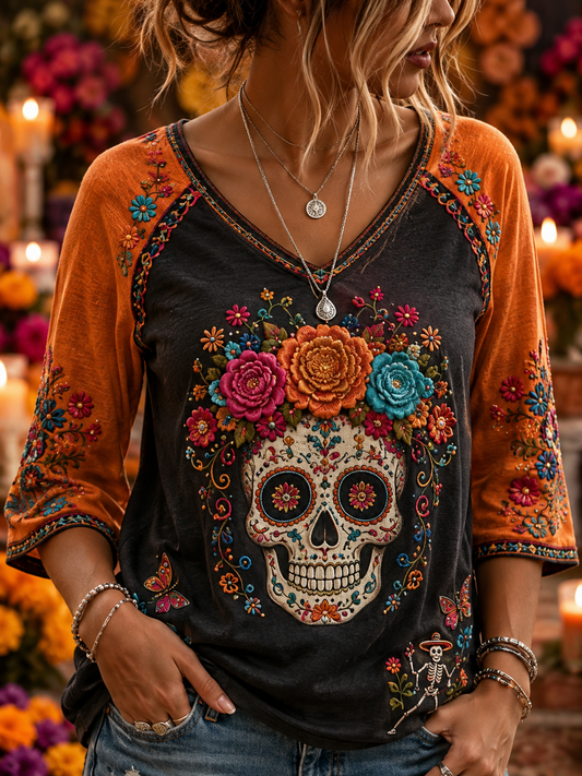Women's Day Of The Dead Linen Short-Sleeved T-Shirt