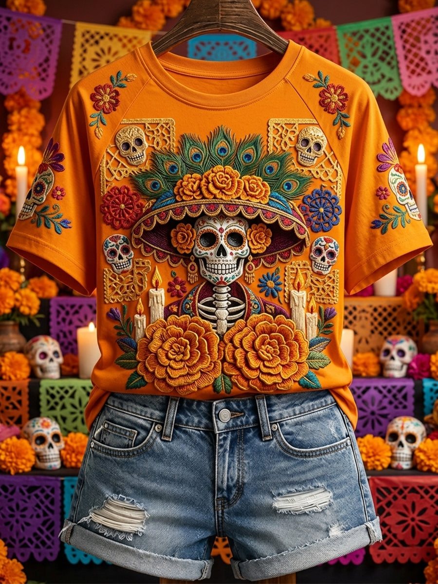 Women's Day of the Dead La Catrina Skull Mexican Floral Print Short Sleeve T-shirt