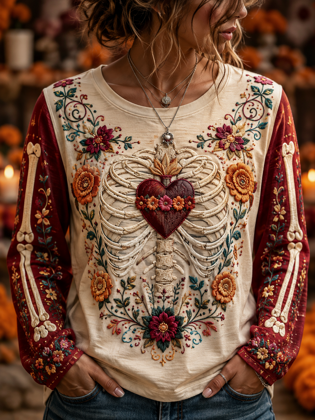 Women's Day Of The Dead Round Neck Long Sleeve T-Shirt