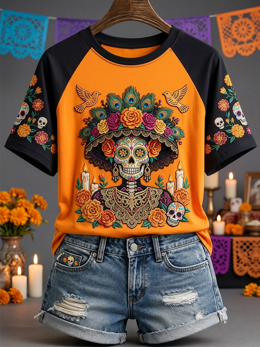 Women's Day of the Dead La Catrina Skull Mexican Floral Print Short Sleeve T-shirt