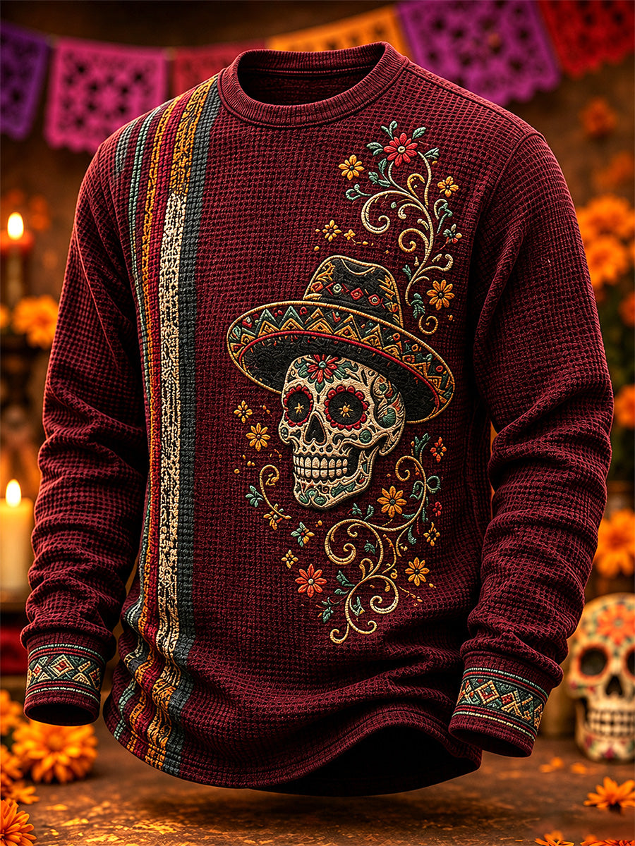 Men's Mexico Day of The Dead Art Print Casual Waffle Sweatshirt