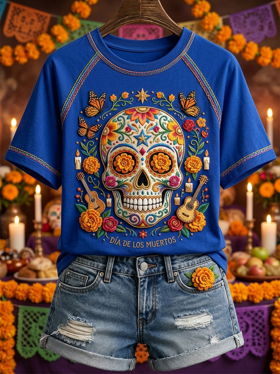 Women's Day of the Dead Sugar Skull Mexican Floral Print Short Sleeve T-shirt