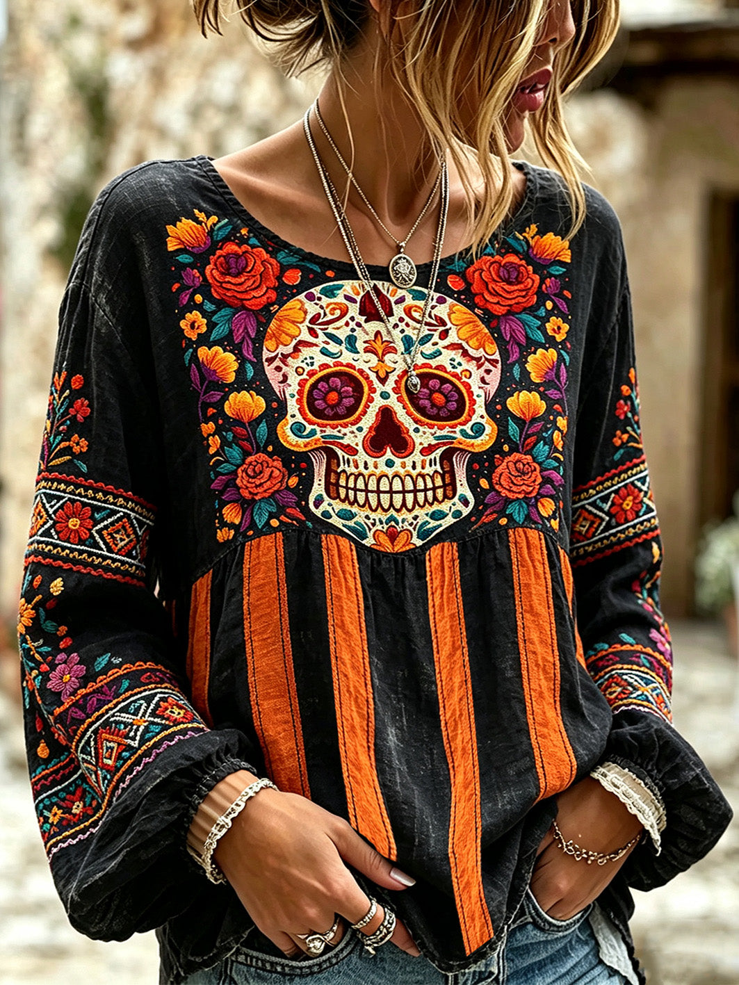 Women's Day of the Dead Plant And Flower Pattern Printed Casual Cotton-Linen Shirt