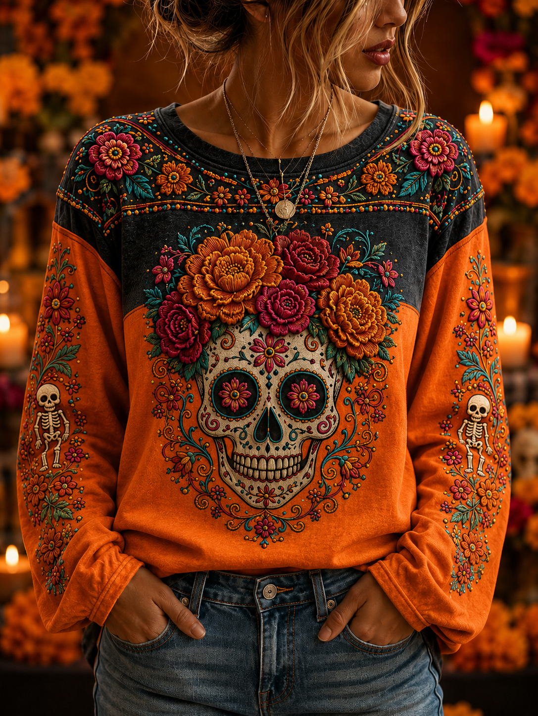 Women's Day Of The Dead Round Neck Long Sleeve T-Shirt