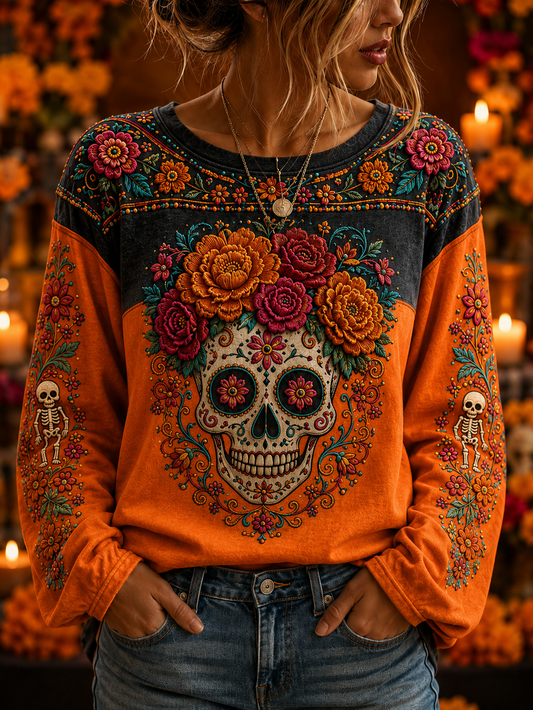 Women's Day Of The Dead Round Neck Long Sleeve T-Shirt