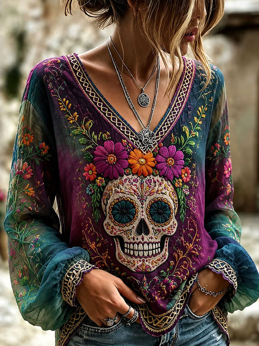 Women’s Day of the Dead Sugar Skeleton Printed Long-Sleeve Top
