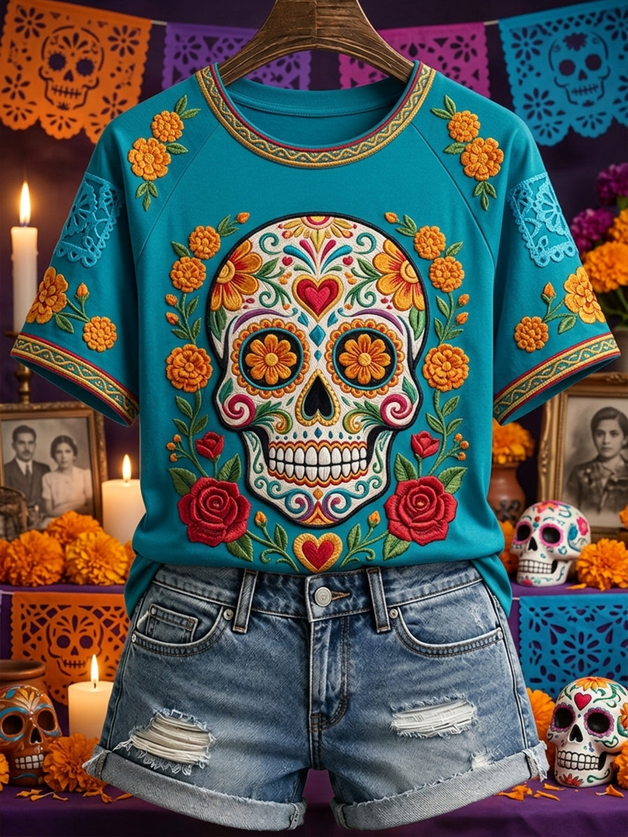 Women's Day of the Dead Sugar Skull Mexican Floral Print Short Sleeve T-shirt
