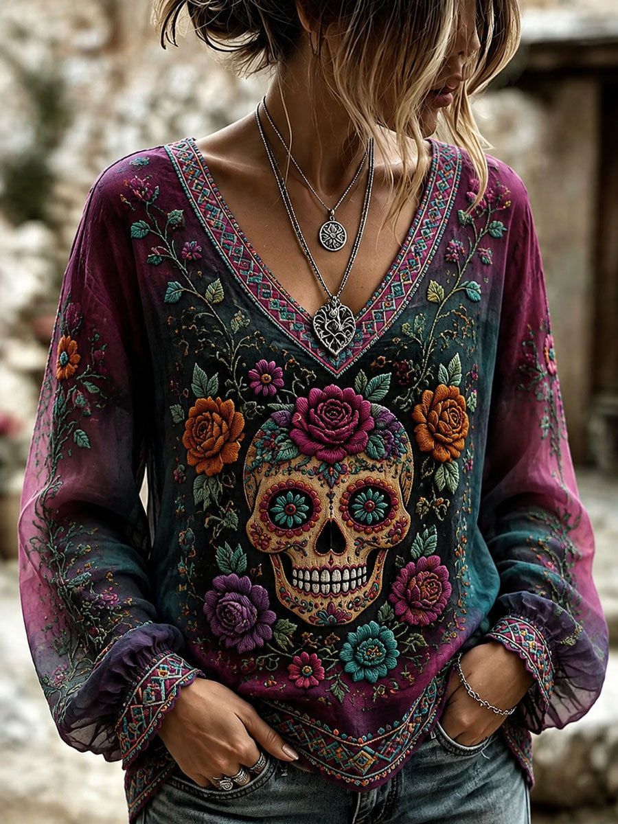 Women’s Day of the Dead Sugar Skeleton Printed Long-Sleeve Top