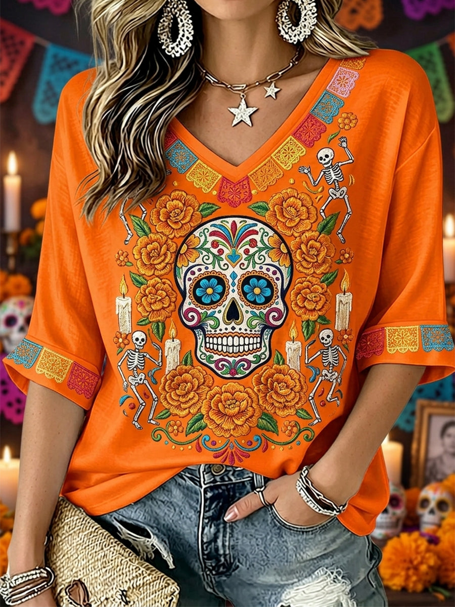 Women's Day of the Dead Sugar Skull Mexican Floral PrintMid-length Sleeves V-Neck T-Shirt