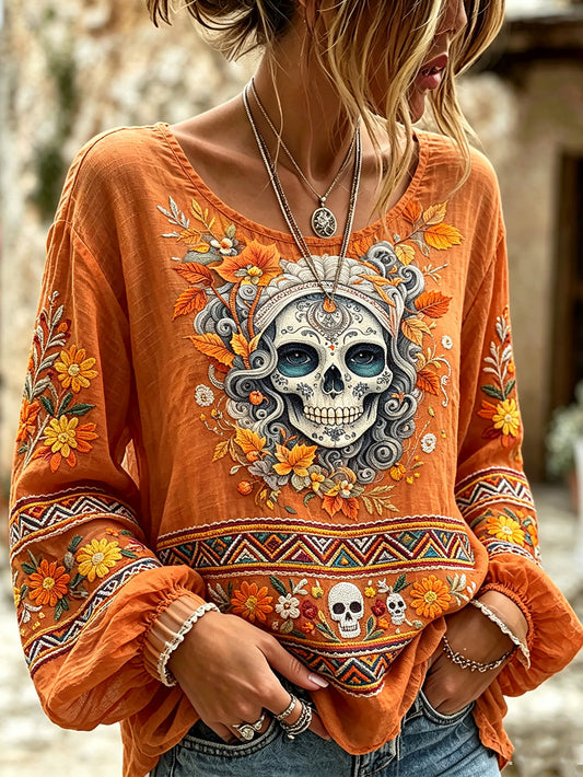 Women's Day of the Dead Plant And Flower Pattern Printed Casual  Cotton-Linen Shirt