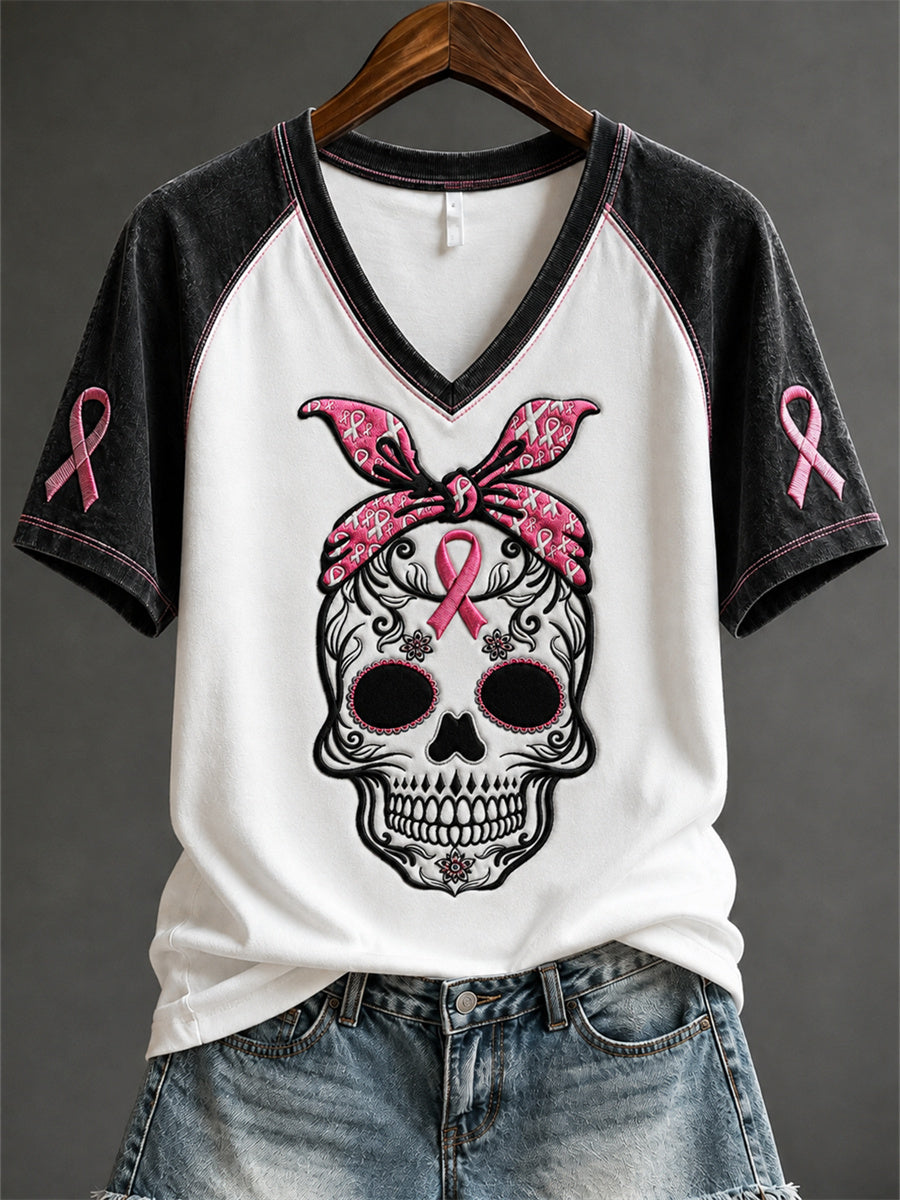Women's Breast Cancer Awareness Sugar Skull & Pink Ribbon Print short-sleeved T-shirt