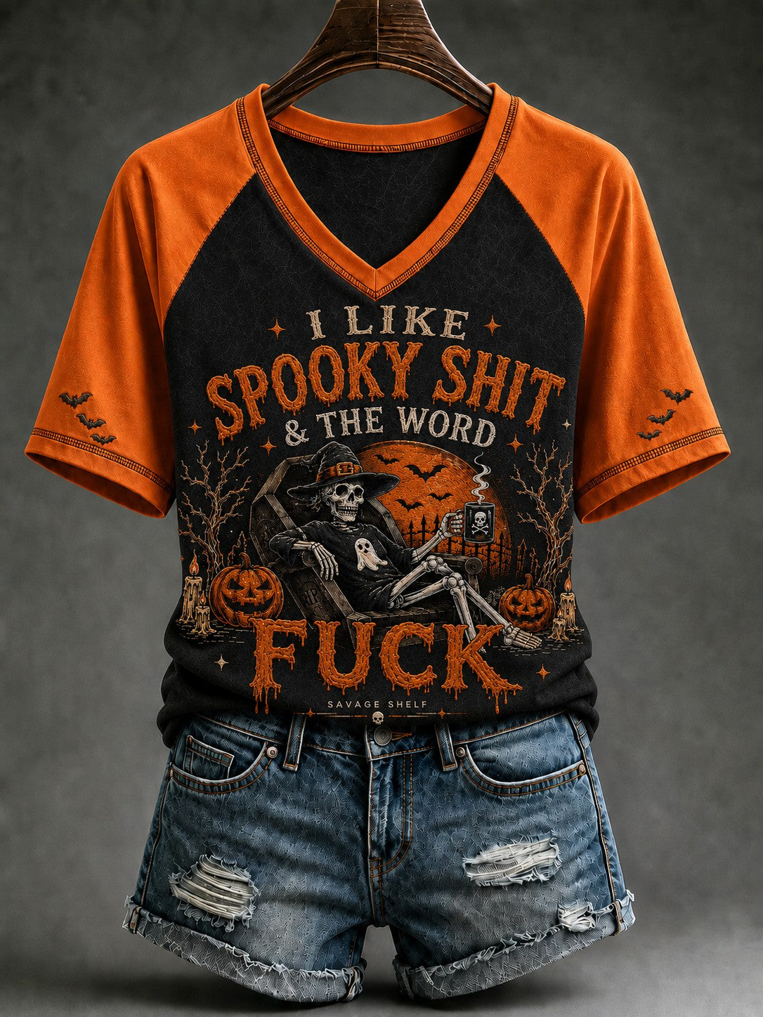 Women's I Like Spooky Shit & The Word Fuck Halloween Printed V-neck T-shirt
