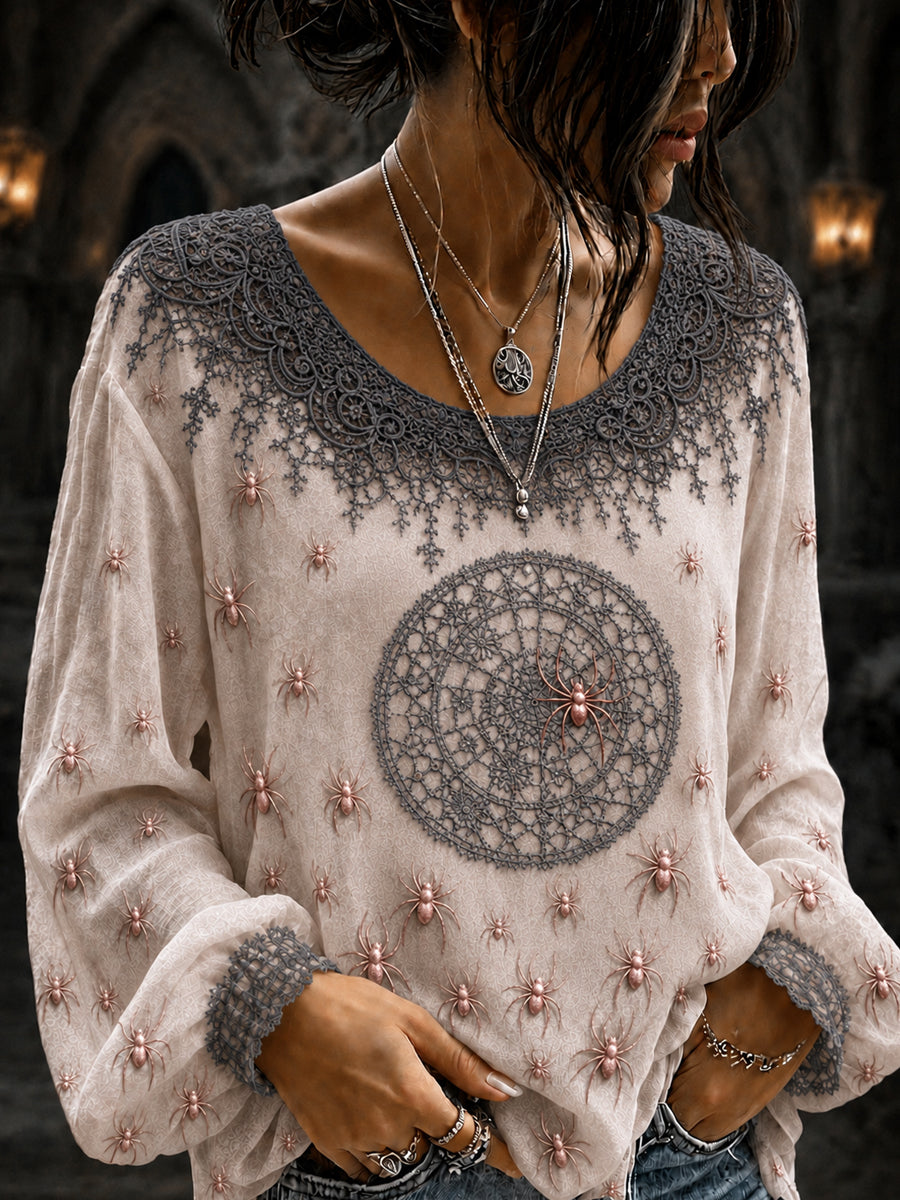 Women's Belgian Halloween Printed Round Neck Long Sleeved Shirt