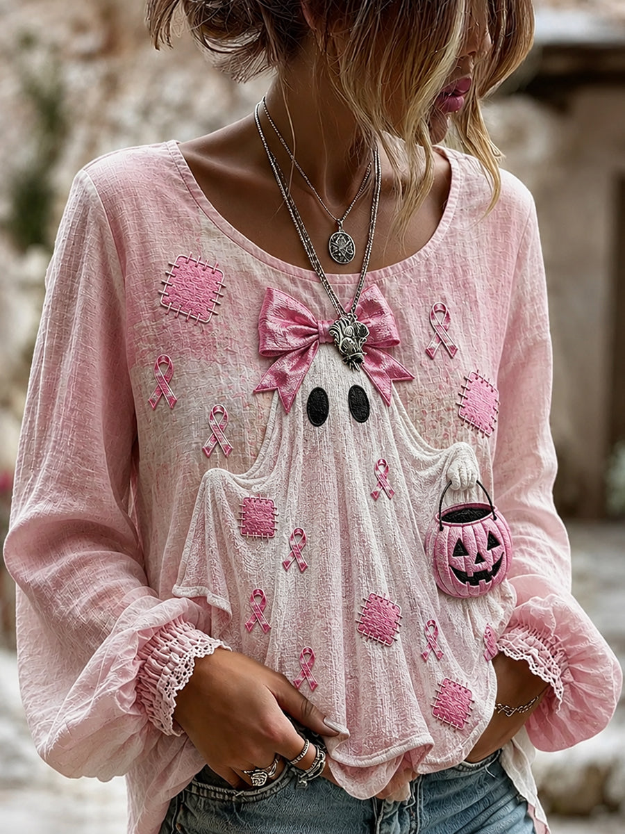 Women's Patchwork Ghost Breast Cancer Awareness Cotton-Linen Shirt