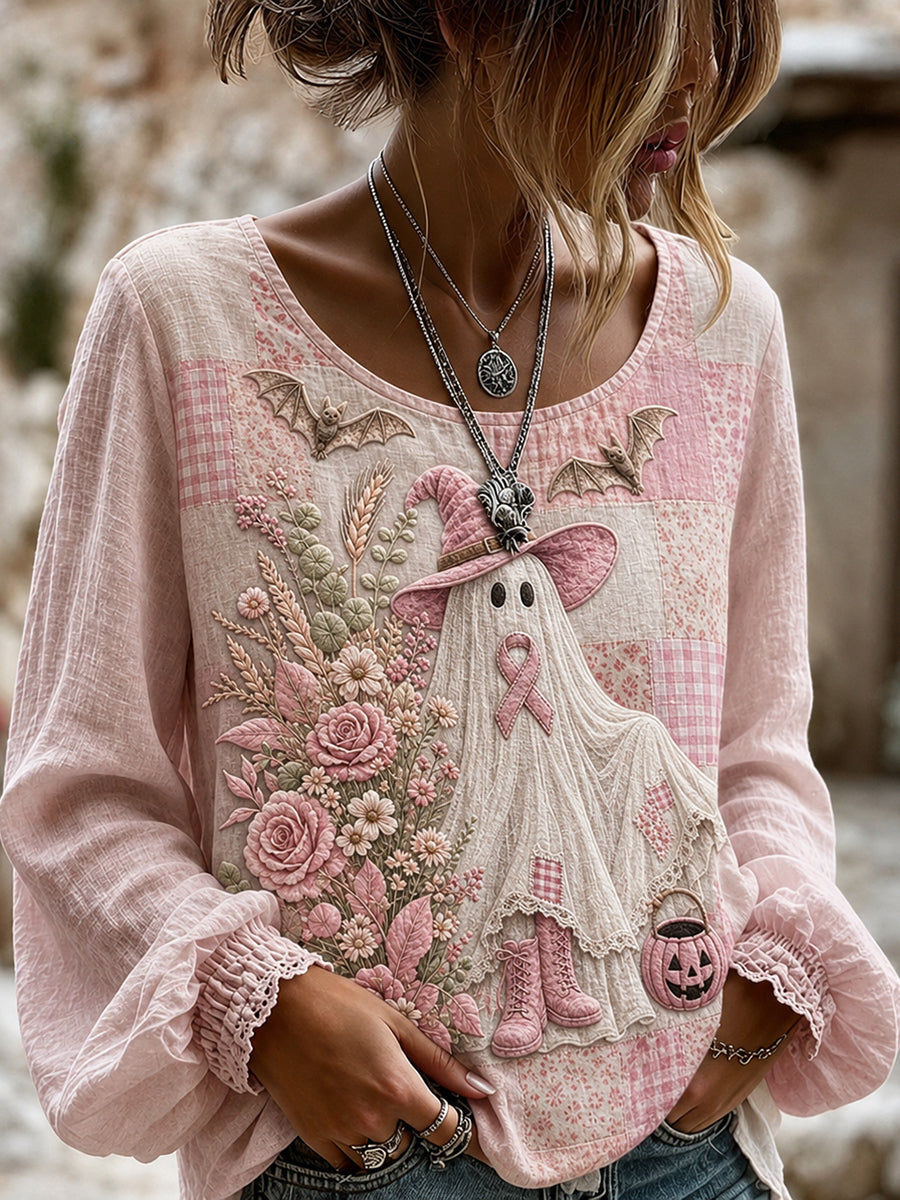 Women's Pink Ribbon Ghost Breast Cancer Awareness Cotton-Linen Shirt
