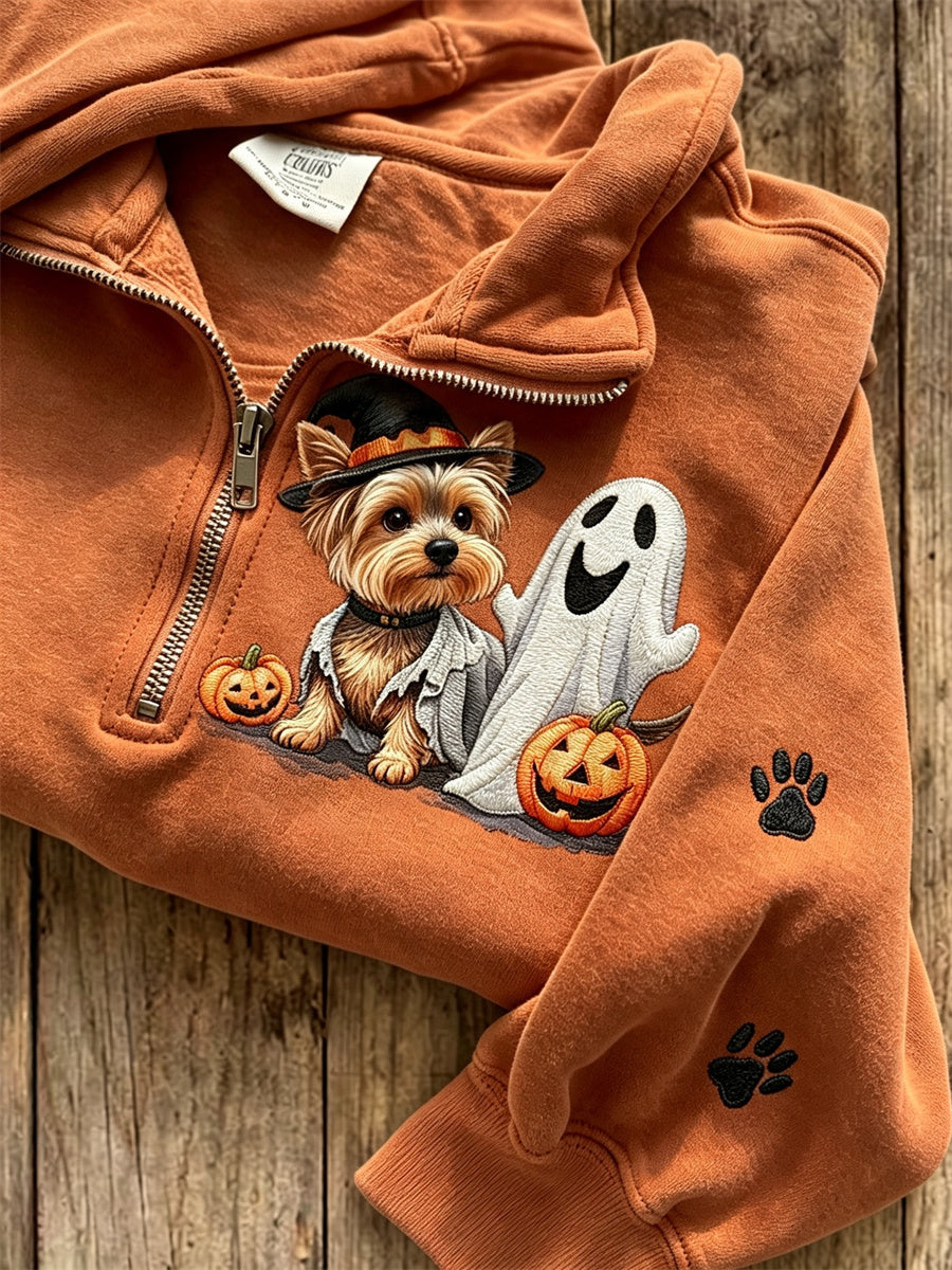 Women's Halloween Yorkshire Dog & Ghost Print Zip Up Sweatshirt