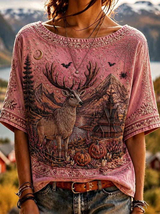 Women's Fashion Halloween Reindeer Pattern Printed T-Shirt