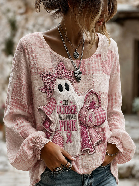 Women's Patchwork Pink Ribbon Ghost Print Cotton-Linen Shirt