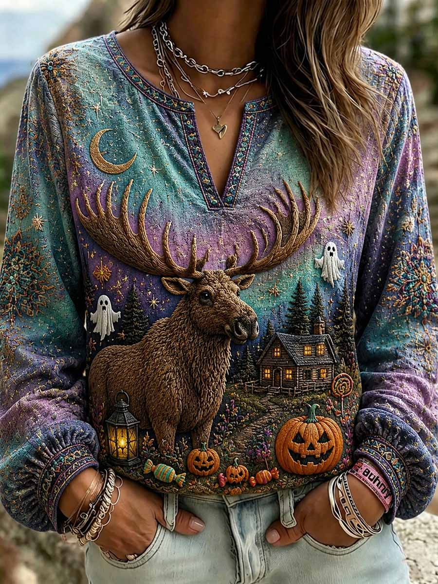 Women's Fashion Halloween Reindeer Pattern Printed T-Shirt