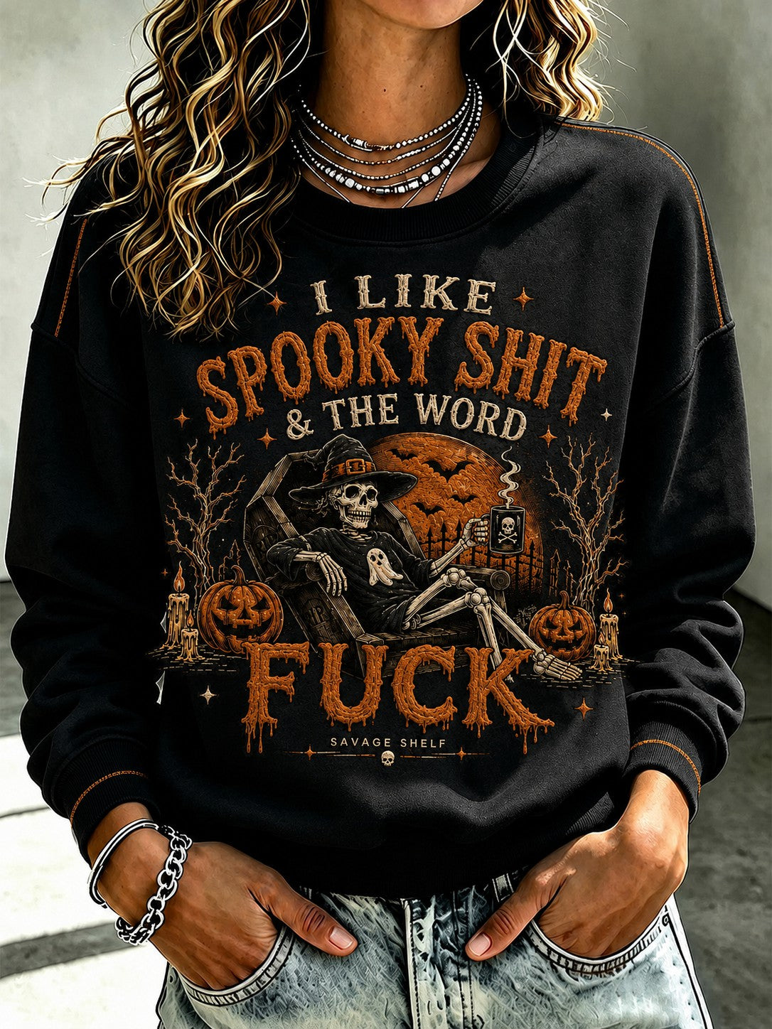 Women's I Like Spooky Shit & The Word Fuck Halloween Printed Sweatshirt