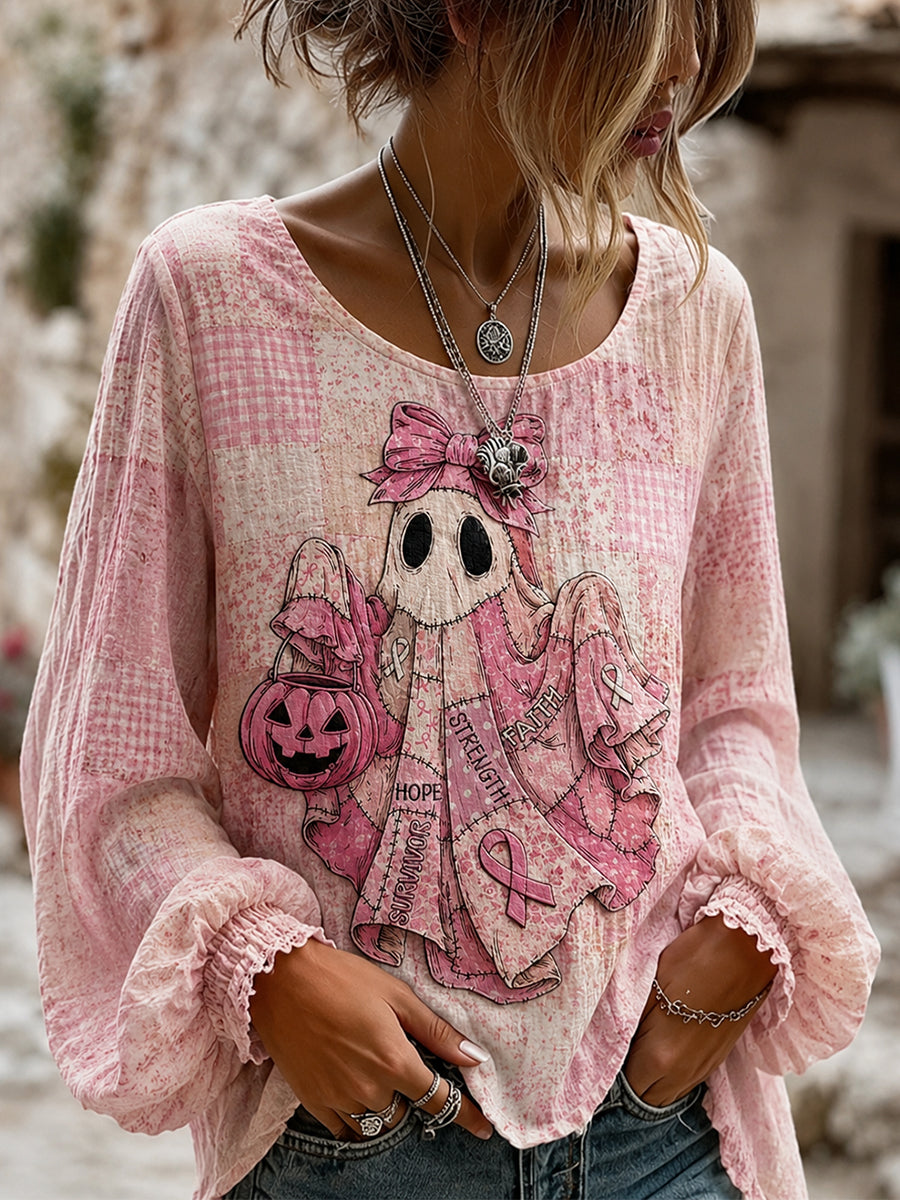 Women's Patchwork Pink Ribbon Ghost Print Cotton-Linen Shirt