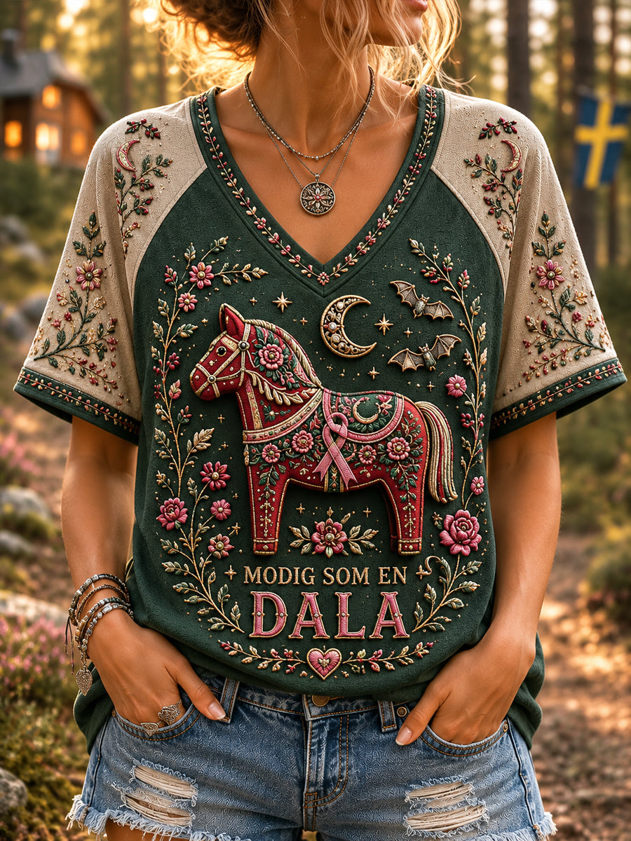 Women's Retro Halloween Swedish Dala Horse Fan-Striped T-Shirt