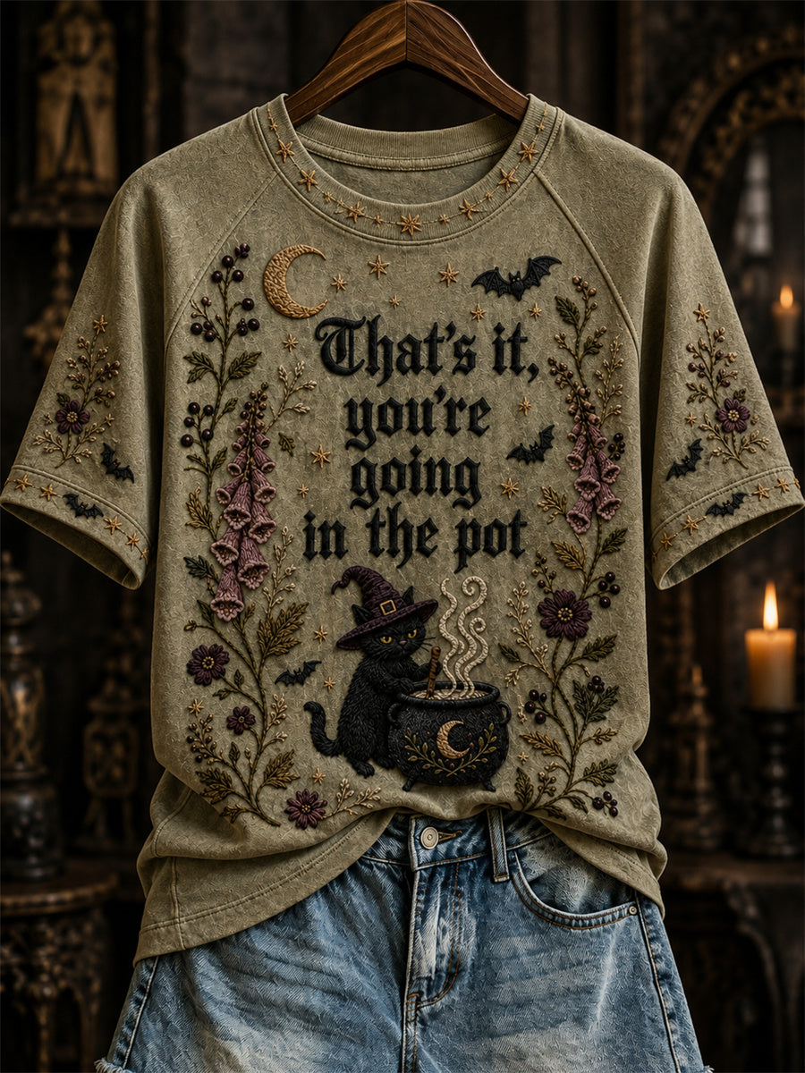 Women's That's It You're Going in the Pot Halloween Cat Gothic Print short sleeve T-shirt