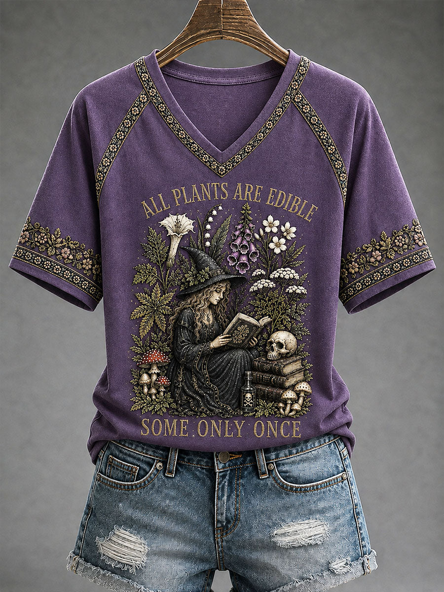 Women's "All Plants Are Edible Some Only Once" Halloween Witch Floral Print Casual T-shirt